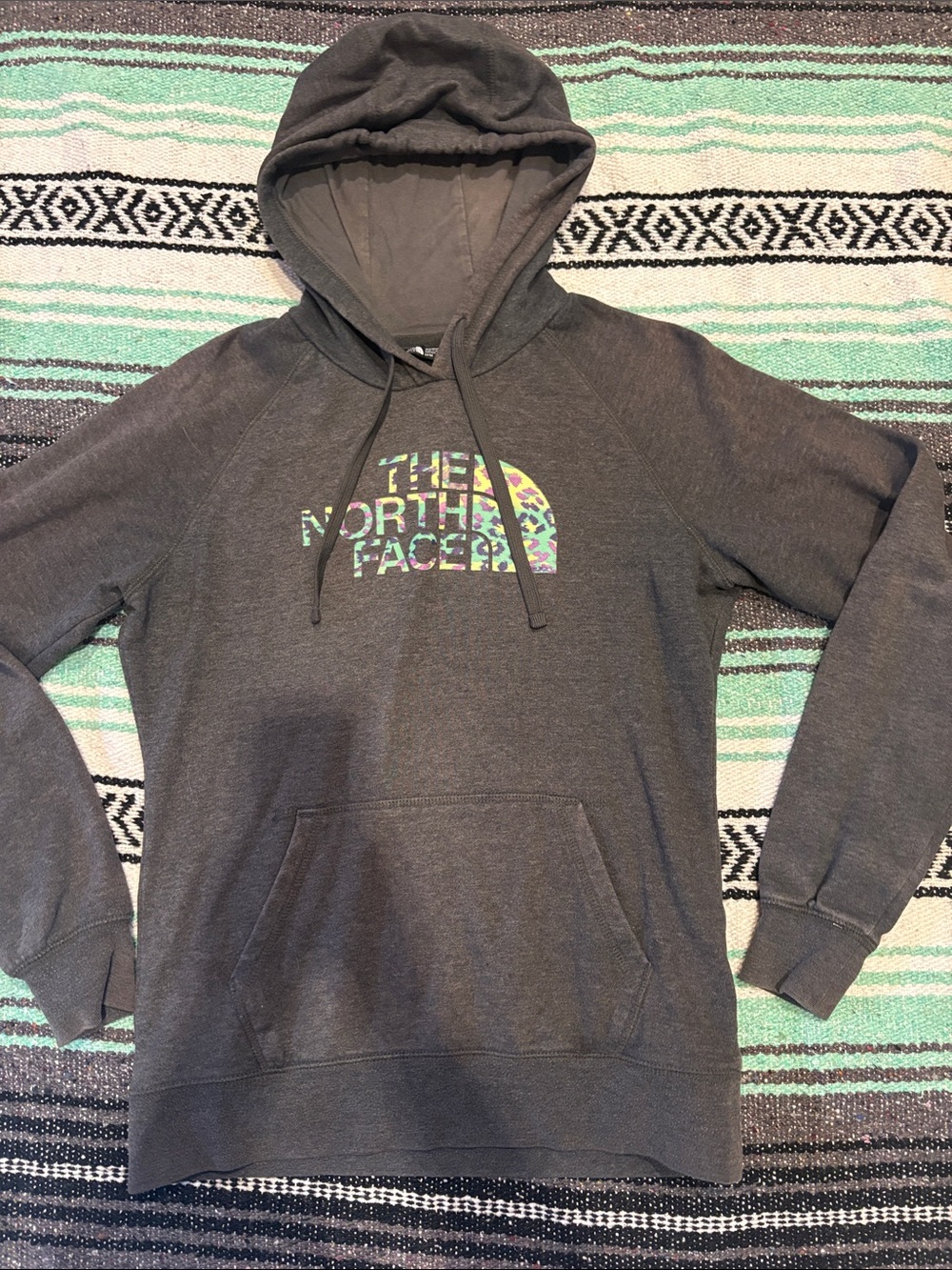 The North Face Women’s Dark Gray Pullover Hoodie with Multicolor Logo